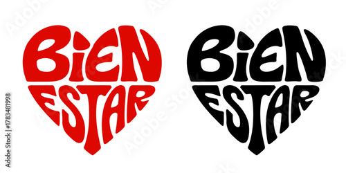 Heart-shaped sticker set featuring "Bienestar" in colorful and black design. For wellness and well-being activities and lifestyles 