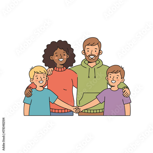 Diverse Family Of Four Posing Together With Smiles And Arms Around Each Other Wearing Casual Clothing In A Flat Illustration Style