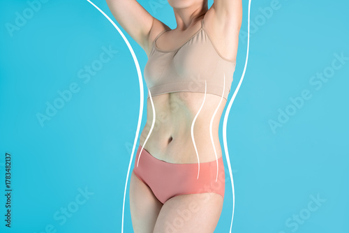 Body contouring and weight loss concept, woman with correction lines for plastic surgery