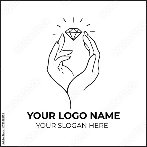 Minimalist logo of hands presenting a sparkling diamond in elegant line art style with placeholder text for luxury branding