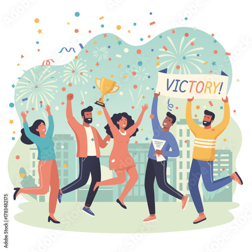 Diverse Group Celebrates Victory with Trophy and Fireworks Display Over City Skyline in Playful Flat Illustration Style