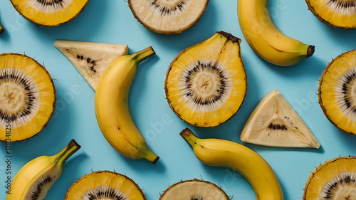 Bananas and Pineapple Slices on Blue
