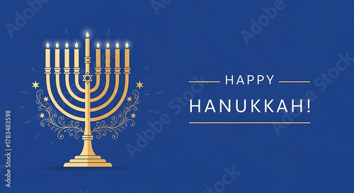 Glowing menorah with happy hanukkah greeting on blue background