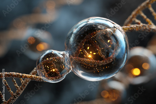 Glowing particles encased in clear spheres alongside intricate molecular helix structures in a scientific abstract visualization