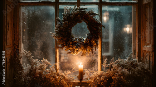 Wreath hung over frosted window with candlelight, cinematic symmetry and cozy tone