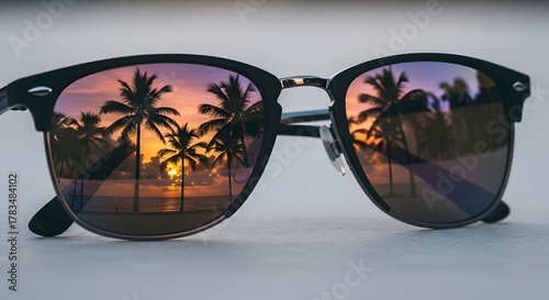 Fototapeta Naklejka Na Ścianę i Meble -  Sunglasses reflecting a tropical beach sunset with palm trees and colorful sky in a close up view