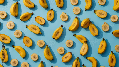 Mini Yellow Bananas on Blue Background