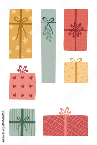 Vektorgrafik mit bunten Geschenkpäckchen. Freier Platz für Text. Vorlage für Einladungen, Grußkarten, Social Media Posts und Werbung.