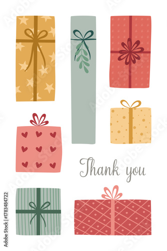 Thank you - Schriftzug in englischer Sprache - Danke. Grußkarte mit bunten Geschenkpäckchen.