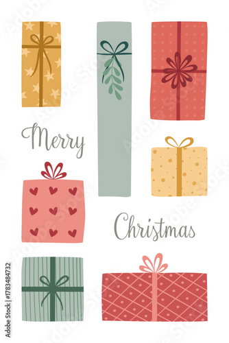 Merry Christmas - Schriftzug in englischer Sprache - Frohe Weihnachten. Grußkarte mit bunten Geschenkpäckchen.