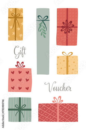 Gift Voucher - Schriftzug in englischer Sprache - Geschenkgutschein. Grußkarte mit bunten Geschenkpäckchen.