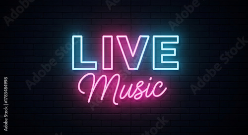 Neon sign that reads 'LIVE Music' with glowing blue and pink text on a dark background, perfect for promoting concerts and events