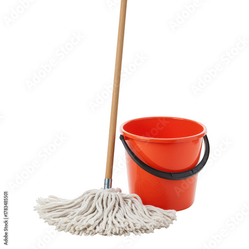 Red bucket and mop for cleaning isolated on transparent background