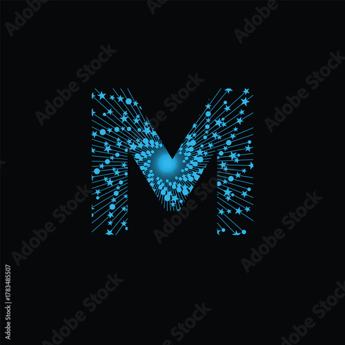 Abstract blue digital m letter with glowing particles and data