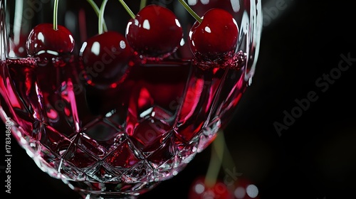 Hyper-realistic still life of ripe cherries splashing inside a crystal wine glass. Dynamic liquid motion, crisp reflections and glossy highlights on a deep black background create an elegant, appetizi