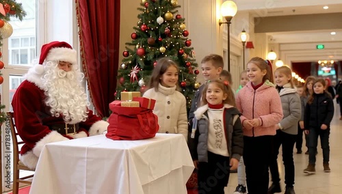 Santa Claus Meeting a Line of Eager Children in a Festive Indoor Christmas Setting