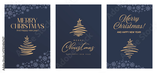 Merry Christmas Modern Card Set, Luxury Xmas Party Greeting Posters Template, Gold and Blue One Line Hand Drawn Lettering and Illustrations, Minimalism Corporate Vector Design for Business