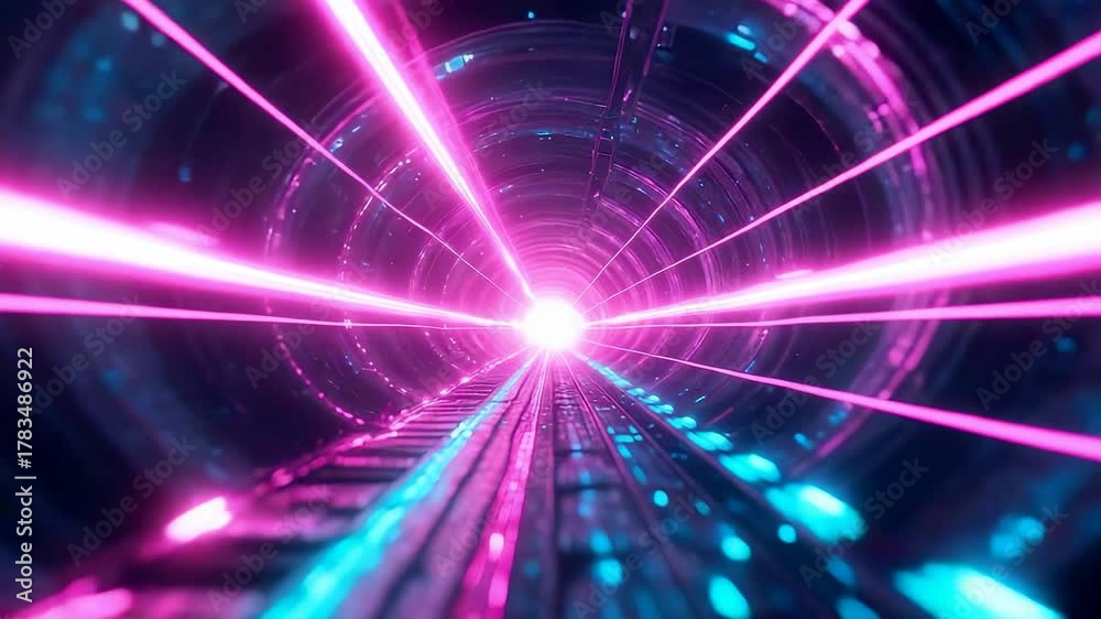 Neon Pink Blue Light Speed Tunnel with Glowing Laser Beams Racing to Infinity Portal