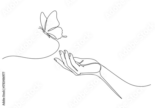 Continuous line drawing of a delicate hand releasing a butterfly into the air