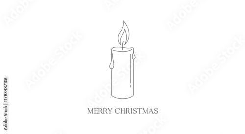 Minimalist line art of a lit candle with dripping wax and merry christmas text on a white background