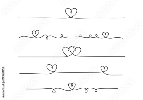 A charming collection of continuous line drawing heart-themed dividers and decorative borders, perfect for romantic designs