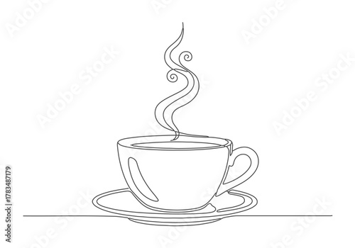 Continuous Line Drawing of a Steaming Coffee Cup and Saucer, Minimalist Art