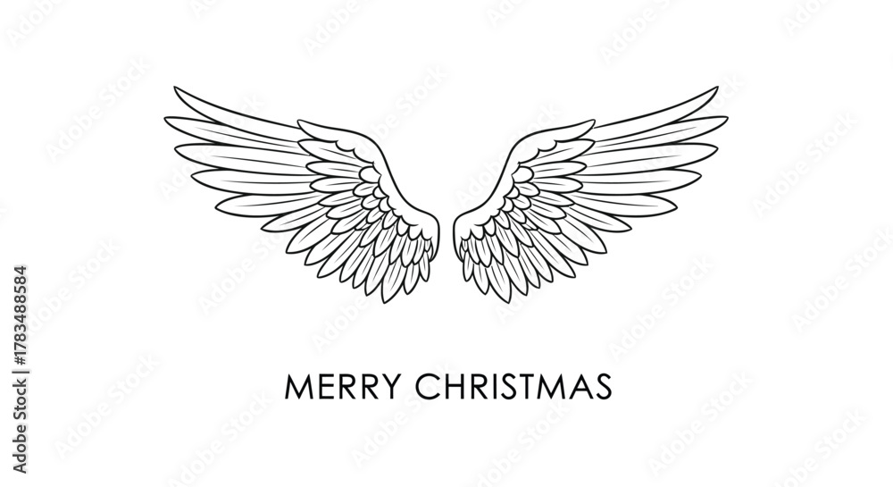 Fototapeta premium Elegant black and white line art of angel wings with the text merry christmas below on a clean white background