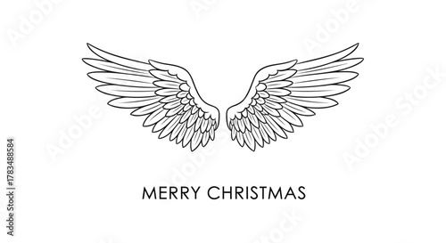 Elegant black and white line art of angel wings with the text merry christmas below on a clean white background