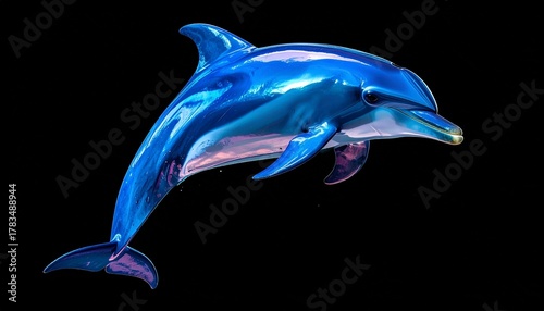 Stylized iridescent dolphin mid-swim on black background with shimmering blue, purple, and green hues.