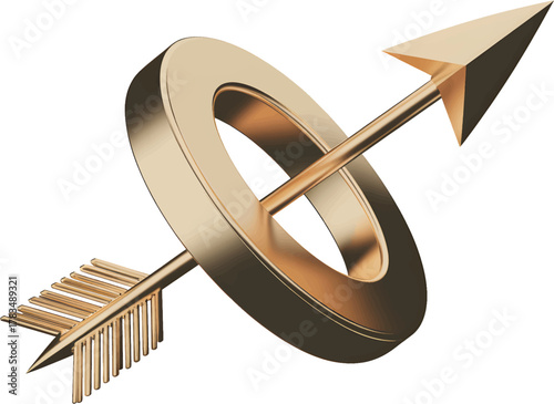 D arrow bursting through ring, metallic textures, isolated