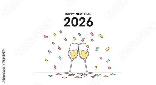 Happy new year 2026 celebration with two champagne glasses clinking and colorful confetti falling on a white background