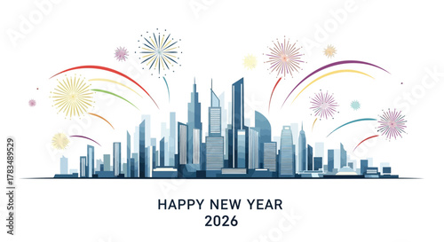 Modern city skyline illuminated by colorful fireworks celebrating happy new year 2026 with a festive atmosphere