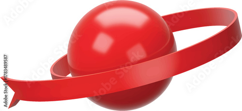 D ribbon arrow looping around sphere, glossy red, isolated transparent background
