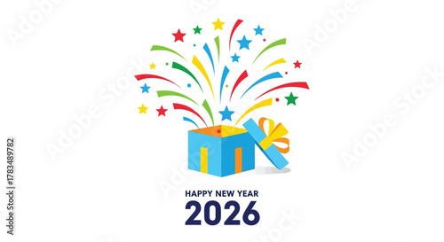 Happy new year 2026 celebration with colorful confetti and stars bursting from an open gift box