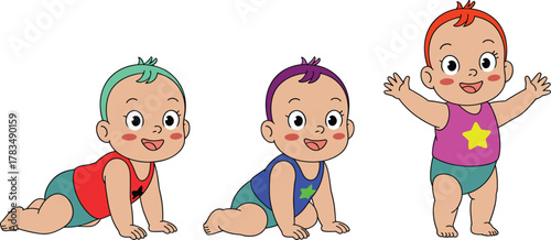 Cute cartoon baby stages illustration, crawling sitting standing, adorable child development concept, cheerful toddler learning to walk, playful infant character design