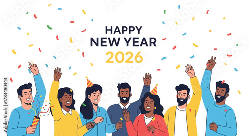 Diverse group of happy people celebrating new year 2026 with confetti and party poppers in a festive atmosphere