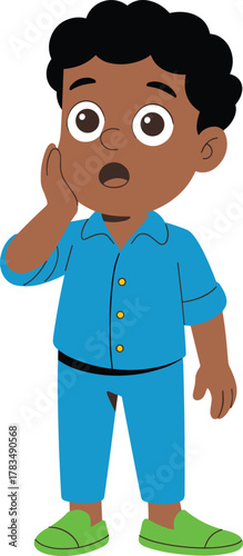 Surprised little boy in yellow clothes touching face, cute cartoon child expressing shock emotion, isolated vector illustration of amazed kid