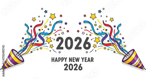 Happy new year 2026 celebration with confetti and streamers bursting from party poppers on a white background