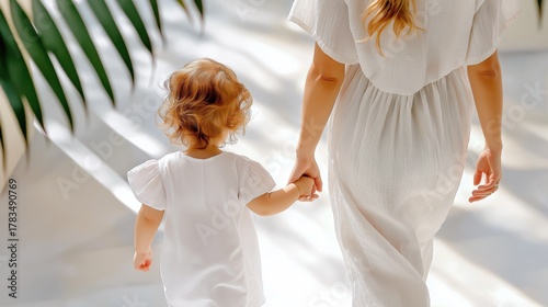 Mother and toddler walk hand in hand through a bright, sunlit space enjoying a moment of connection and exploration