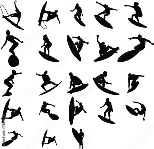 PrintSet surfer surfboard boarding female surfer surfing silhouette . Woman surf pose design concept. Young girl in a bikini surfing. different action, pose.Sport, surfing, hobby, summer theme. Isolat