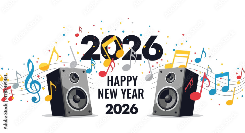 Obraz premium Happy new year 2026 celebration with music notes and speakers surrounded by confetti and streamers