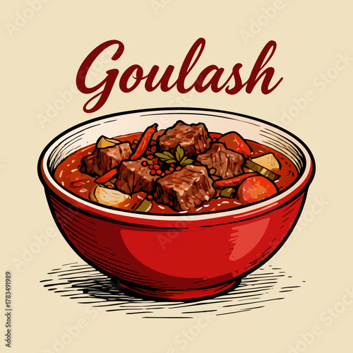A rustic goulash vector illustration of a traditional hearty beef stew with vegetables served in a vibrant red bowl