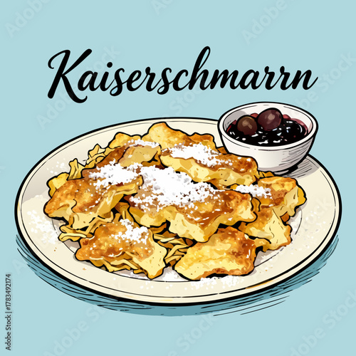 Kaiserschmarrn illustration of a traditional Austrian dessert, featuring fluffy shredded pancakes topped with powdered sugar and served with berry compote