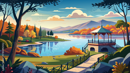 Very beautiful view from Lake Waban lookout in Wellesley, Massachusetts, USA, featuring calm water, surrounding trees, serene natural landscape, and a realistic scenic lakeside atmosphere.