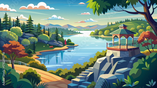 Very beautiful view from Lake Waban lookout in Wellesley, Massachusetts, USA, featuring calm water, surrounding trees, serene natural landscape, and a realistic scenic lakeside atmosphere.