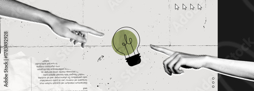Trendy Halftone Stipple effect Two Hands with lightbulb. Creative mind or brainstorm. Create creative idea concept. Business solutions. Think outside the box. Marketing time. Vector illustration art