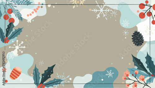 Vector template featuring a vibrant winter holiday background with a flat design aesthetic, incorporating bold lines, minimalist shapes, and a muted color