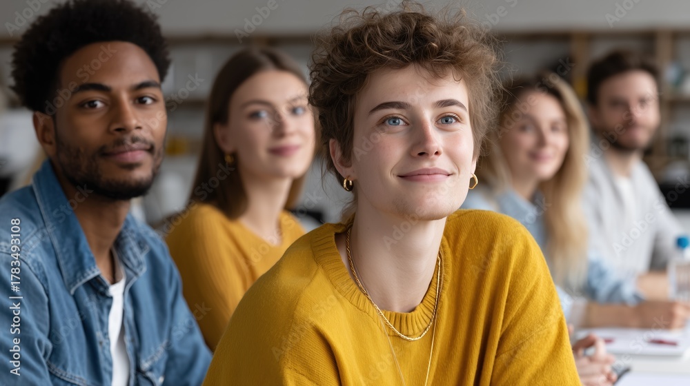 Fototapeta premium A diverse group of students with smiling expressions are focused on an unseen subject. They are in a classroom or a similar learning environment.