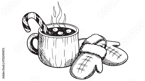 Hand-drawn engraving style illustration of a cozy winter treat, featuring a steaming mug of hot chocolate with marshmallows, a candy cane, and warm mittens