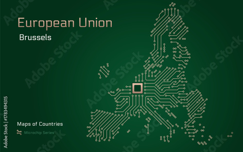 European Union map in microchip pattern with Brussels as the central chip